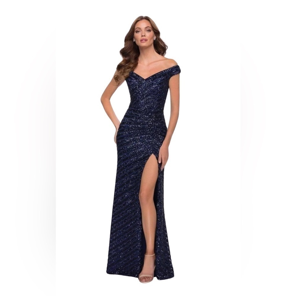 New LA FEMME Navy Sequin Stripe Off the Shoulder Gown Size 8
